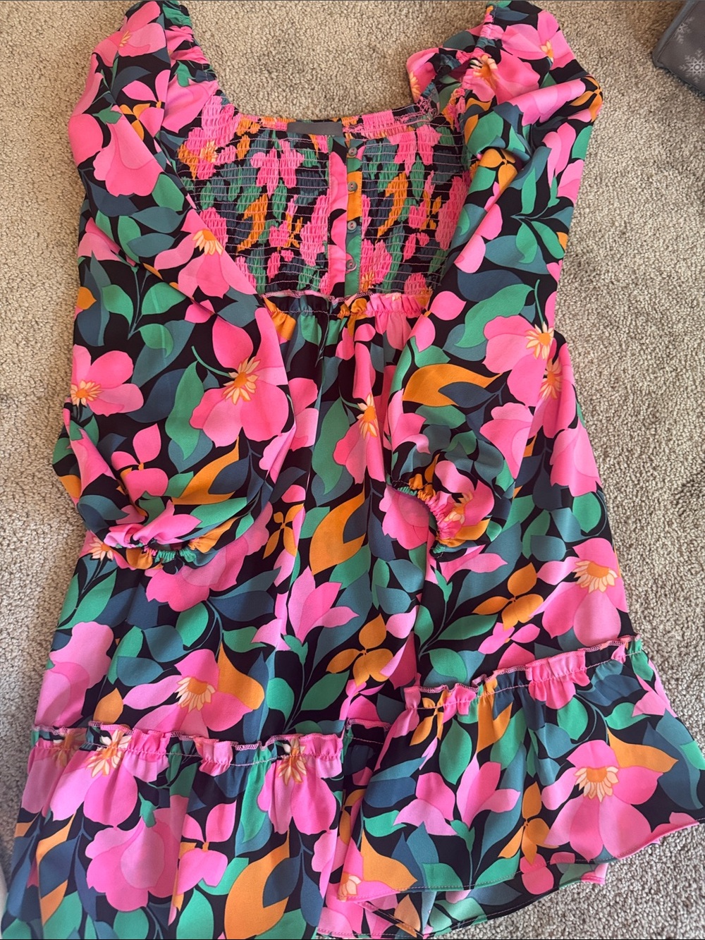 Vibrant Floral Smocked-Neck Dress